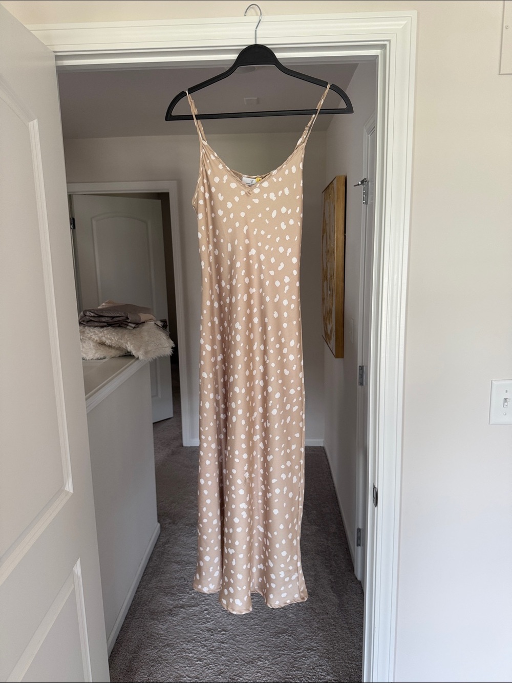 Spaghetti Strap Beige Polka Dot Maxi Slip Dress